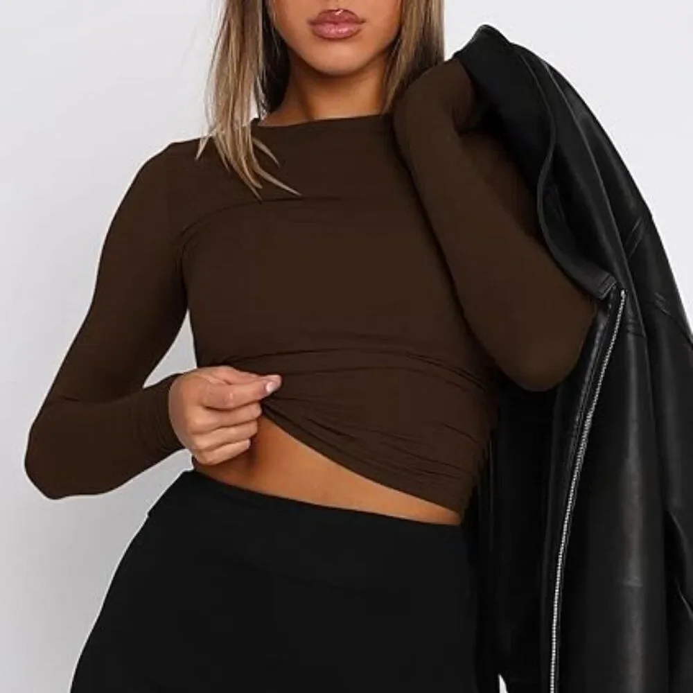 AKEWEI Black + Deep Brown Small 2-Pack Long Sleeve Crop Tops Boat Neck Soft